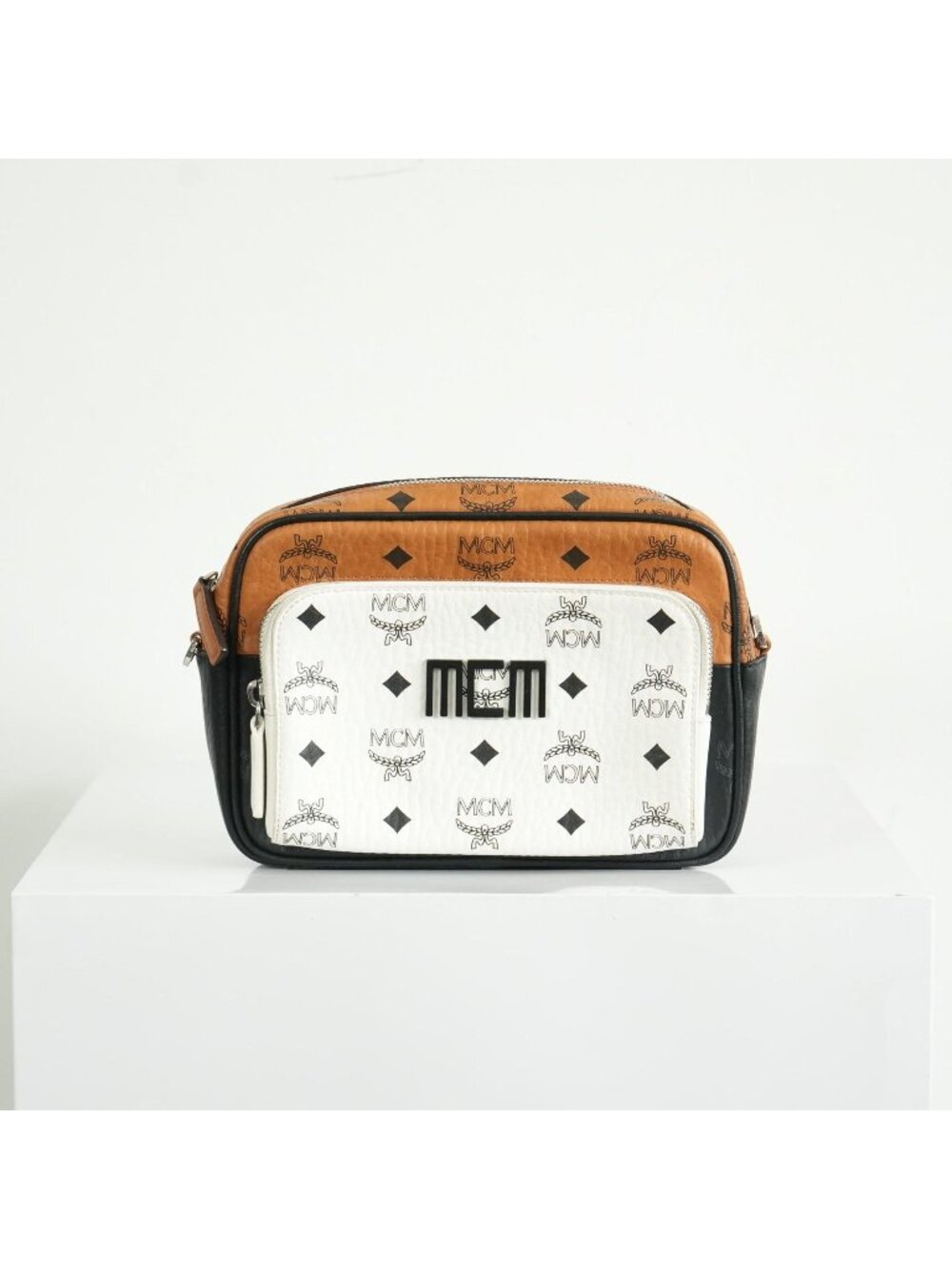 MCM Klassik Visetos Mix Small Crossbody in White and Brown